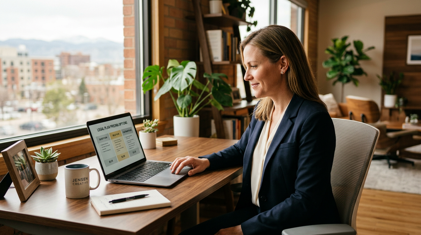 Denver small business owner reviewing legal plan pricing options on laptop, comparing monthly subscription costs versus traditional hourly attorney billing rates